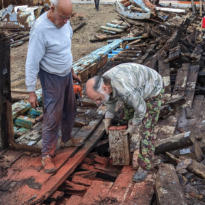 Local artists and craftspeople were invited to select timbers for reuse, in an effort to preserve the Agios Spyridon's memory.